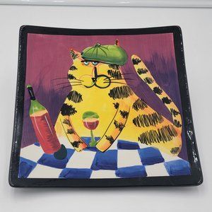 Handpainted Decorative Plate - 2005 - Artist = Naylor - Cat Enjoying Wine